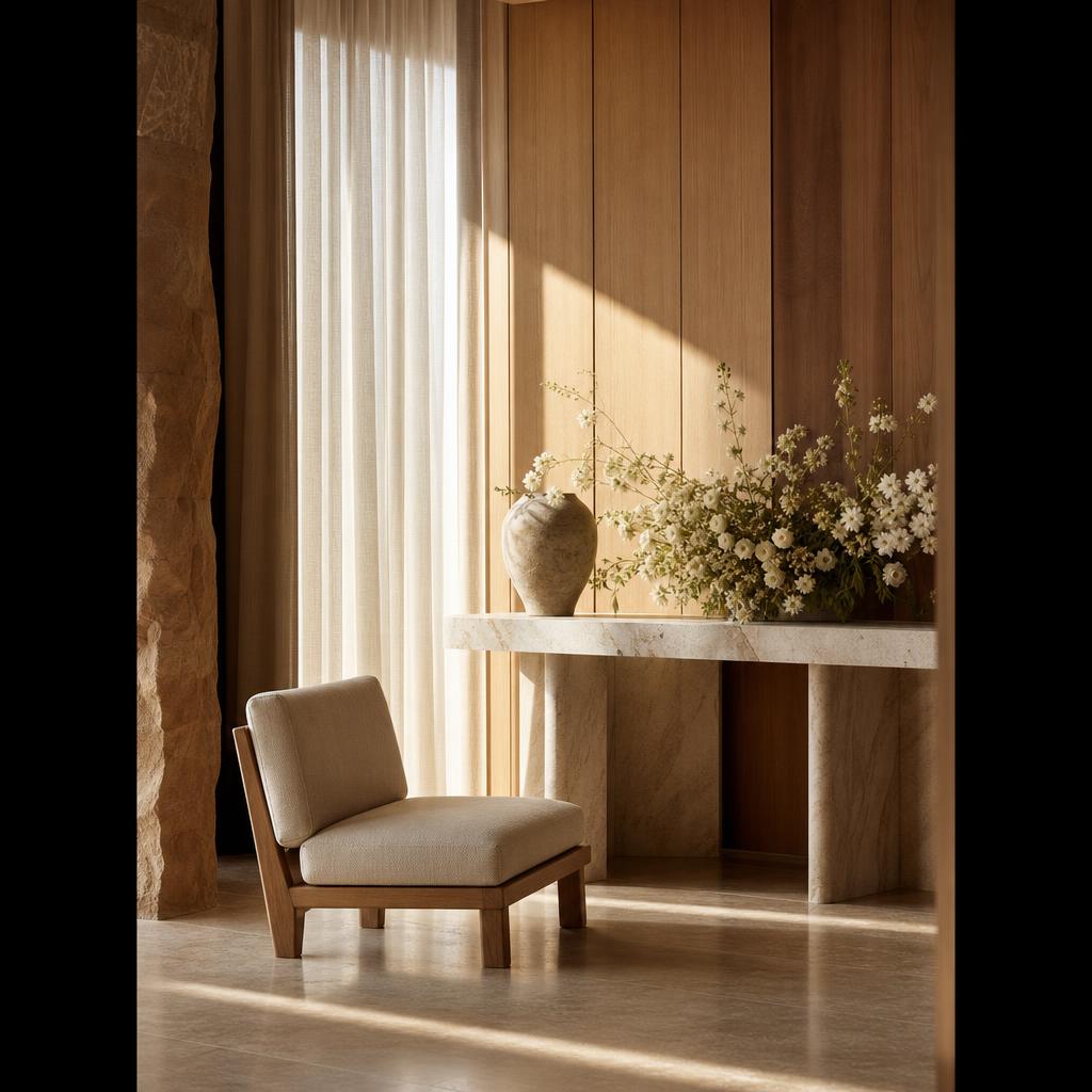 Detail of a concierge arranging flowers in a residence foyer